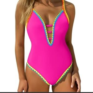 Popvil neon color block one-piece swimsuit deep V-neck, adjustable straps M NWT